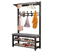 Porte-manteau en métal avec banc à chaussures et crochet - Cintre autonome robuste pour vêtements, sacs, chapeaux, manteaux avec banc de rangement pour la maison, le bureau, l'entrée, le couloir, noir