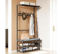 Porte-Manteau en Métaux Vestiaire, Portant Vêtements avec Étagère à Chaussures à 2 Niveaux, Meuble d’entrée avec 7 Crochets, avec Banc à Chaussures,Placeables en Haut,pour Entrée