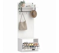 HOMCOM Porte-Manteau 5 en 1, Banc à Chaussures, Tiroir Basculant, Blanc | Meuble d'Entrée, Vestiaire, 4 Crochets, Étagères Réglables, Style Moderne pour Couloir, Entrée, 60 x 30 x 170 cm