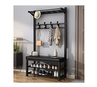 Porte-manteau industriel 3 en 1 avec banc à chaussures et coussin en cuir, cadre en acier, crochets doubles - Noir et blanc 100 x 33 x 172 cm