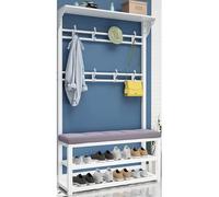 Porte-manteau industriel 4 en 1 avec banc à chaussures, 6 crochets et étagère de rangement à 2 niveaux pour la maison, design moderne blanc et violet, 100 x 30 x 172 cm