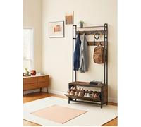 Porte-Manteau - Industriel - 9 Crochets - Étagère - Assise - Marron et Noir