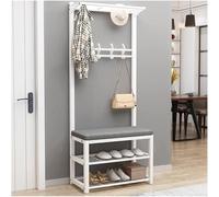Porte-manteau industriel avec banc à chaussures - Arbre d'entrée 4 en 1 pour la maison et le bureau - Siège rembourré en éponge parfait pour manteaux, chapeaux et chaussures (noir, 33 x 80 x 170 cm (l