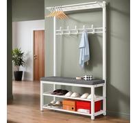 Porte-manteau industriel avec banc de rangement - Entrée murale avec siège rembourré en éponge pour couloir, salon, salle de boue - Blanc 32,8 x 80 x 172 cm (l x L x H)