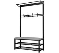 Porte-manteau industriel avec banc de rangement rembourré en éponge - Fixation murale pour couloir, vestiaire et salon - 32,8 x 80 x 172 cm (l x L x H) - Blanc