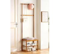 Porte-manteau industriel en bambou avec crochets 3/4 et 2 niveaux de rangement pour chaussures autonome Banc d'entrée Solution de rangement élégante pour couloir