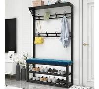 Porte-manteau industriel moderne avec banc à chaussures - 11 crochets et 2 niveaux de rangement pour chaussures - Arbre d'entrée 4 en 1 pour entrée et salon - Assemblage facile 100 x 30 x 172 cm