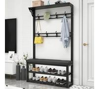 Porte-manteau industriel moderne en métal avec banc à chaussures 4 en 1 pour entrée, 11 crochets et 2 niveaux de rangement pour chaussures, assemblage facile, 80 x 30 x 172 cm, élégant pour couloir et