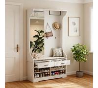 Porte-manteau multifonctionnel et compact, armoire avec tabouret à chaussures, ensemble vestiaire avec 4 crochets, miroir, étagère à chaussures, porte-vêtements, tringle à vêtement (Blanc, 104x35x180)