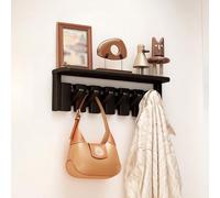 Porte-manteau Mural en Bois Massif, Crochet pour Touches de Piano avec Plateau, Crochet Rabattable, Décoration D'entrée peu Encombrante, pour Placard Chambre à Coucher Entrée(Black,6 hooks)