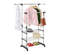 Porte-Manteau Relaxdays, Mobile et réglable, Double Tringle + étagères, 86-147 cm H, 84-141 cm L, Argent/Noir