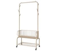 Porte-manteau roulant à 360° avec panier de rangement autoportant pour salon, couloir, chambre à coucher, blanc élégant, 90 cm de hauteur