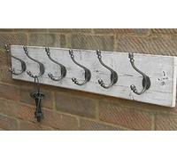 Porte-manteau rustique fait main en bois recyclé - Style shabby chic blanc délavé 8 crochets (98 cm) - nizer mural vintage pour entrée, vestibule et couloir