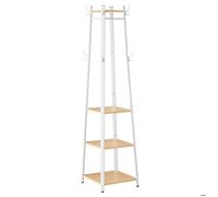 Porte-manteau sur Pieds, Vestiaire Entrée, avec 8 Doubles Crochets, 4 Étagères, Tringles, Cadre en Métal, Couleur Chêne et Blanc