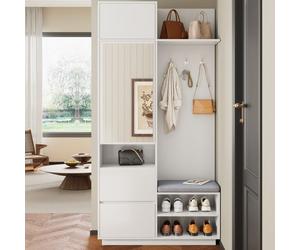 Porte-Manteau Vestiaire à Chaussures, Meuble d'Entrée avec Miroir, Patères et Banc, garde-robe de couloir, armoire 90 x 34.5 x