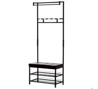 Porte-manteau vestiaire d'entrée banc intégré 2 étagères 5 patères + barre de penderie métal noir simili cuir chocolat 72x35x180cm