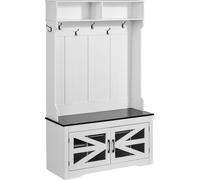 VEVOR Porte-Manteau en Bois, Meuble d’Entrée avec Banc et Rangement pour Chaussures, Support Manteau sur Pied, Vestiaire avec Étagères Réglables, 7 Crochets et Bande Lumineuse USB, pour Couloir, Blanc