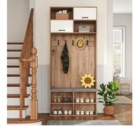 Porte-manteaux LED avec banc 5 crochets, 2 portes et 6 compartiments de rangement ouverts, Ensemble armoire d'entrée, 80×185×35 cm