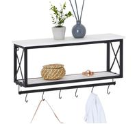 Porte-manteaux mural ARMANDO avec 2 étagères de rangement en bois blanc et 6 patères crochets sur tringle, cadre en métal noir