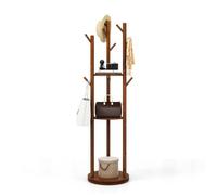 CostwayPorte-Manteaux sur Pied Base rotative à 360° 3 Etagères de Rangement 9 Crochets en Bois Massif pour l Entrée Salon