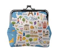Porte-monnaie à fermeture éclair avec carte de France avec icônes décoratives, joli et polyvalent, fermeture éclair pour pièces de monnaie, cartes
