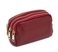 Porte-monnaie à triple fermeture éclair en cuir véritable pour femme
