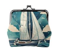 Porte-monnaie compact imprimé bateau à voile océan 11,5 x 10,5 cm mignon mini portefeuille avec pochette étanche Kiss Lock