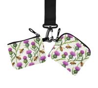 Porte-monnaie double avec fermeture éclair pour cartes de crédit | Petit amovible, avec porte-clés, 2 pièces, courtes promenades, chardon, abeille, prairie sauvage