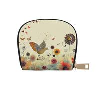 Porte-monnaie en cuir avec fermeture éclair pour homme et femme - Motif papillons volants et fleurs - Blanc - Taille unique