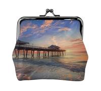 Porte-monnaie en cuir avec imprimé coucher de soleil sur le pont de plage pour femmes et filles - Mini pochette portefeuille avec serrure à baiser - Joli portefeuille en cuir, Noir , Taille unique