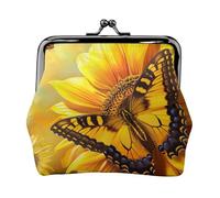 Porte-monnaie en cuir avec imprimé tournesol et papillon ensoleillé pour femmes et filles - Mini pochette portefeuille avec serrure à baiser - Joli portefeuille en cuir, Noir , Taille unique, Pochette