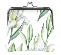 Porte-monnaie en cuir avec motif animal mignon pour femme, fermeture à baiser, fleur de lys blanc, vert, Fleur de lys blanche verte, Classique