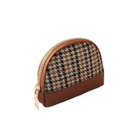Porte-monnaie en cuir avec motif pied-de-poule brodé double couche pour femme, Fermeture éclair simple marron, Taille unique