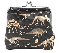 Porte-monnaie en cuir noir avec boucle de verrouillage et motif fossiles de dinosaures pour femme, Fossiles de dinosaures noirs, OneSize