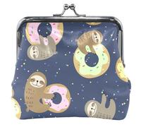 Porte-monnaie en cuir noir avec motif paresseux et donuts pour femme avec boucle mignonne, Funny Sloths Donuts Dark, OneSize