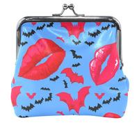 Porte-monnaie en cuir personnalisé avec lèvres rouges mignonnes chauve-souris noires et baiser bleu, Red Lips Black Bats Blue, Classique