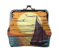 Porte-monnaie en cuir pour femme avec fermeture à baiser, motif coucher de soleil et voilier