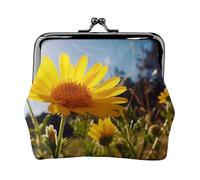 Porte-monnaie en cuir pour femme avec fermeture à baiser, motif fleur jaune sous le soleil
