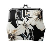 Porte-monnaie en cuir pour femme avec fermeture à baiser, motif fleurs hawaïennes, noir et blanc, mini porte-monnaie