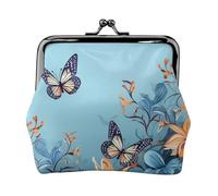 Porte-monnaie en cuir pour femme avec fermeture à baiser, motif papillon bleu floral, mini porte-monnaie