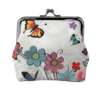 Porte-monnaie en cuir pour femme avec fermeture à baiser, motif papillon et fleurs