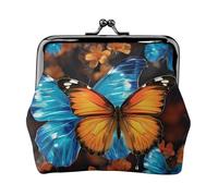 Porte-monnaie en cuir pour femme avec fermeture à baiser, motif papillons bleus et oranges
