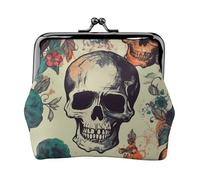 Porte-monnaie en cuir pour femme avec fermeture à baiser, motif tête de mort, fleur