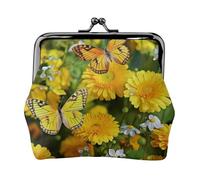 Porte-monnaie en cuir pour femme avec fermeture à baiser, papillon jaune et marguerites jaunes