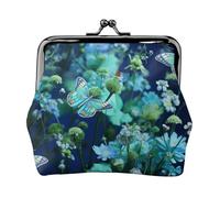Porte-monnaie en cuir pour femme avec fermeture à baiser, papillon vert et fleurs bleues