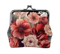 Porte-monnaie en cuir pour femme avec fermeture à baiser, portefeuille rouge et fleurs pâles