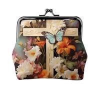 Porte-monnaie en cuir pour femme avec fermoir à baiser, branches de fleurs sur la croix, mini porte-monnaie