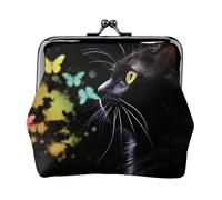 Porte-monnaie en cuir pour femme avec fermoir à baiser, motif chat et papillon