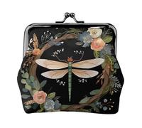 Porte-monnaie en cuir pour femme avec verrou de baiser - Image de libellule dans une couronne - Mini porte-monnaie