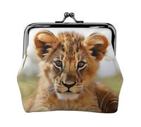 Porte-monnaie en cuir pour femme avec verrou de baiser, joli petit animal lion, pochette à monnaie